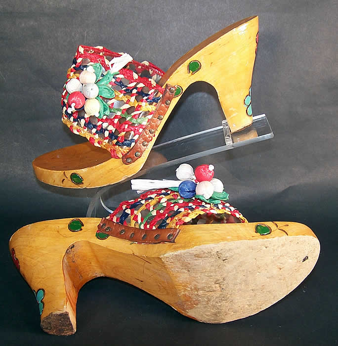 Vintage Raffia Straw Carved Wooden Painted Flowers Sandal Shoes Mules 