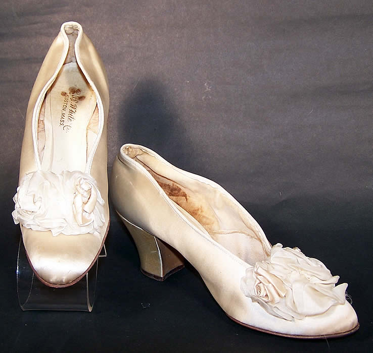 Edwardian White Silk Satin Ribbon Rosette Bridal Wedding Shoes