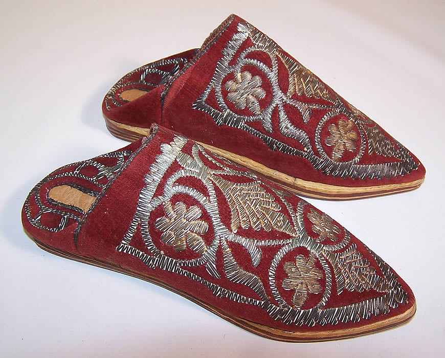 Vintage Morocco Ladies Mules Cherbil Metal Embroidery Velvet Slipper Shoes