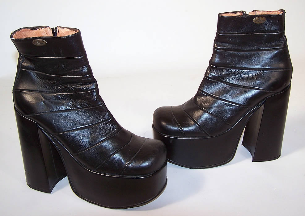 Vintage El Dantes Pleated Black Leather Platform High Heel Disco Ankle Half Boots 