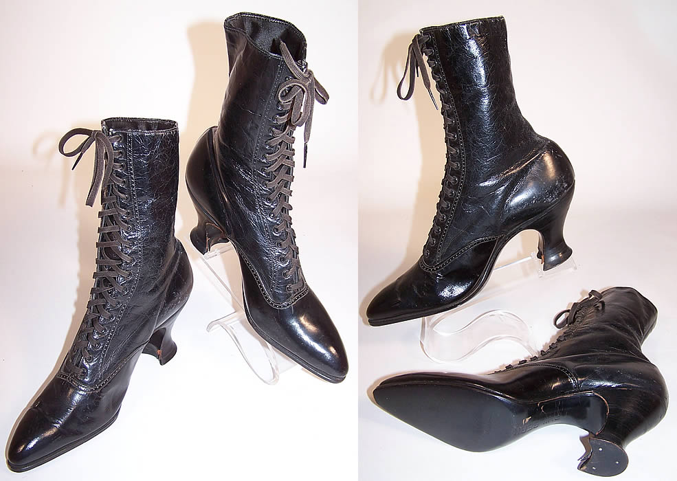 Unworn Victorian Philbern Shoes Black Leather High Top Lace-up Boots two views