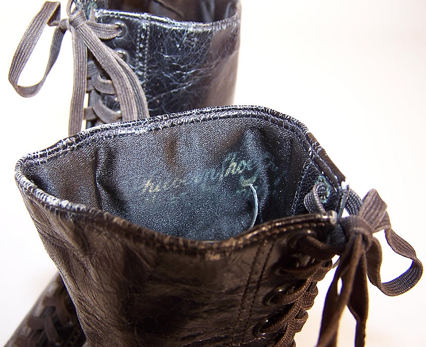  Unworn Victorian Philbern Shoes Black Leather High Top Lace-up Boots label close up.