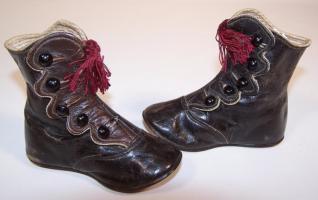 Victorian Brown Leather Red Tassel High Button Baby Boots Child Shoes