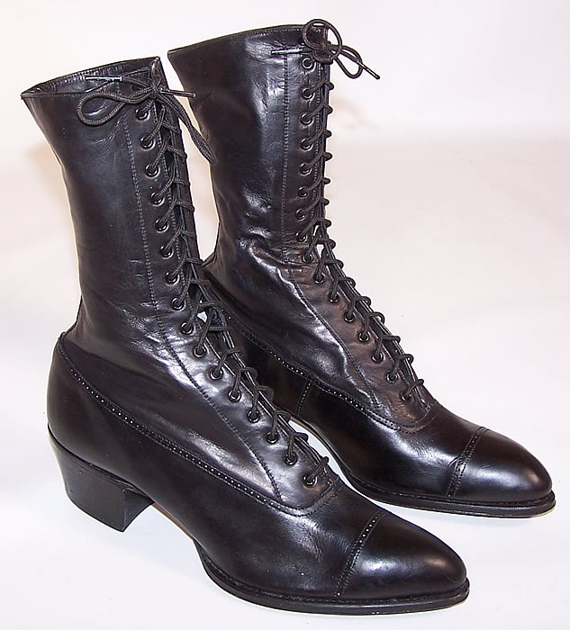 Unworn Women's Vintage Victorian Black Leather High Top Lace-up Boots