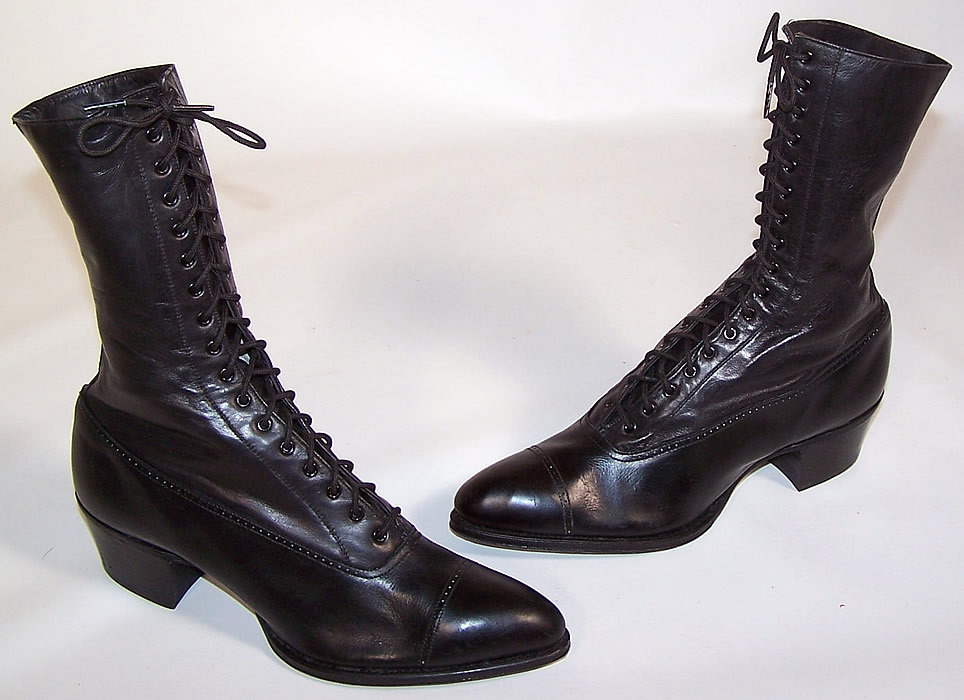 Unworn Women's Vintage Victorian Black Leather High Top Lace-up Boots