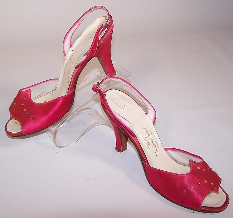 Vintage Ferncraft Fuschia Pink Silk Satin Rhinestone Sling Back Evening Shoes