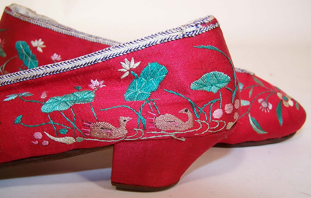 Antique Chinese Red Silk Embroidered Floral Duck Slipper Shoes close up.