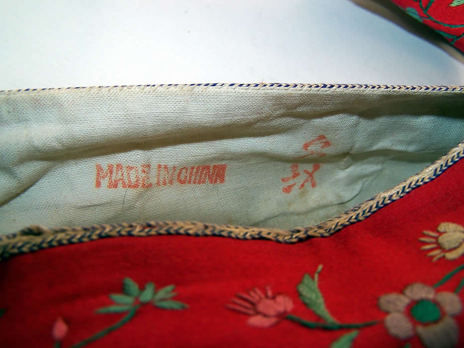 Antique Chinese Red Silk Embroidered Floral Duck Slipper Shoes close up.