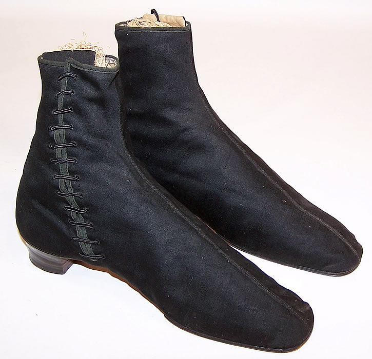 Victorian Black Wool Crooked Sole Side Lacing Dainty Ankle Half Boots