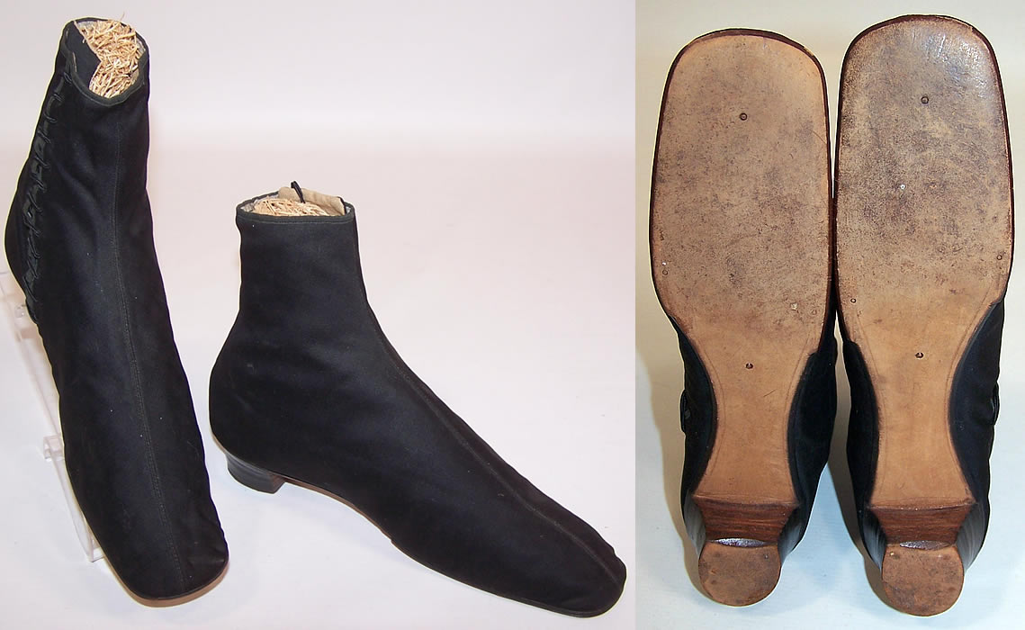 Victorian Black Wool Crooked Sole Side Lacing Dainty Ankle Half Boots two views