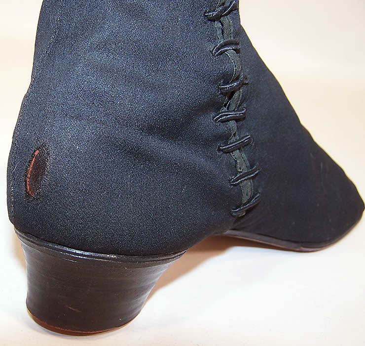 Victorian Black Wool Crooked Sole Side Lacing Dainty Ankle Half Boots close up