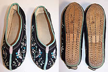 Antique Chinese Black Velvet Embroidered Butterfly Bird Slipper Shoes 