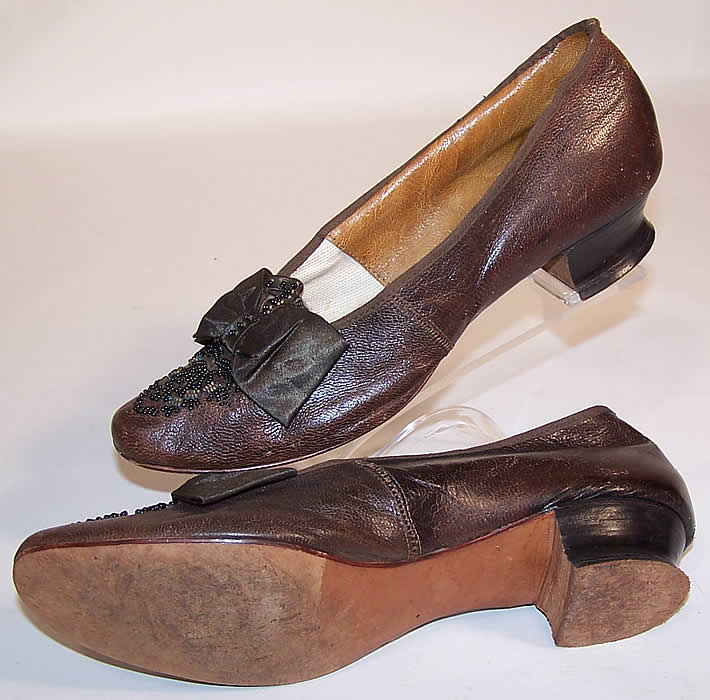 Victorian Civil War Era Brown Leather Beaded Bow Louis Heel Shoes