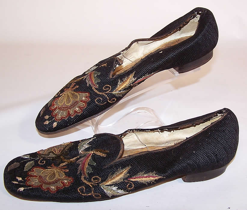 Victorian Gentlemen's Crewel Embroidery Needlepoint Slipper Shoes