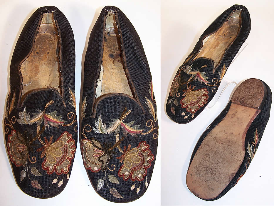 Victorian Gentlemen's Crewel Embroidery Needlepoint Slipper Shoes two views