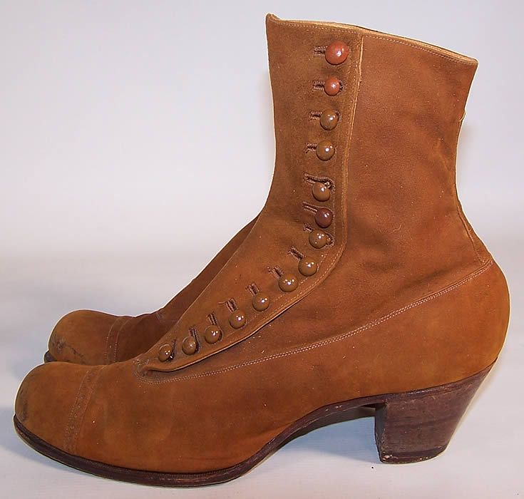 Victorian Brown Tan Suede Leather High Top Button Boots