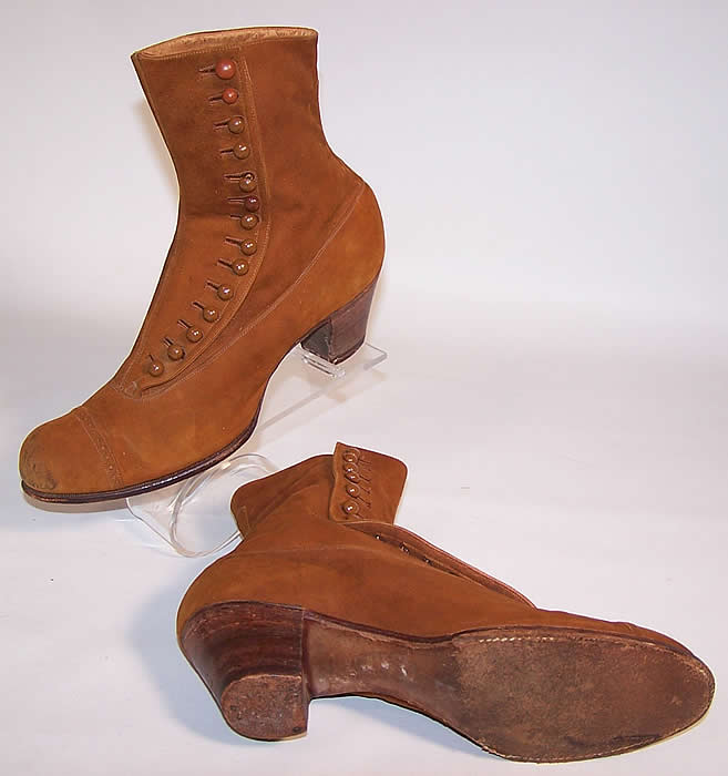 Victorian Brown Tan Suede Leather High Top Button Boots