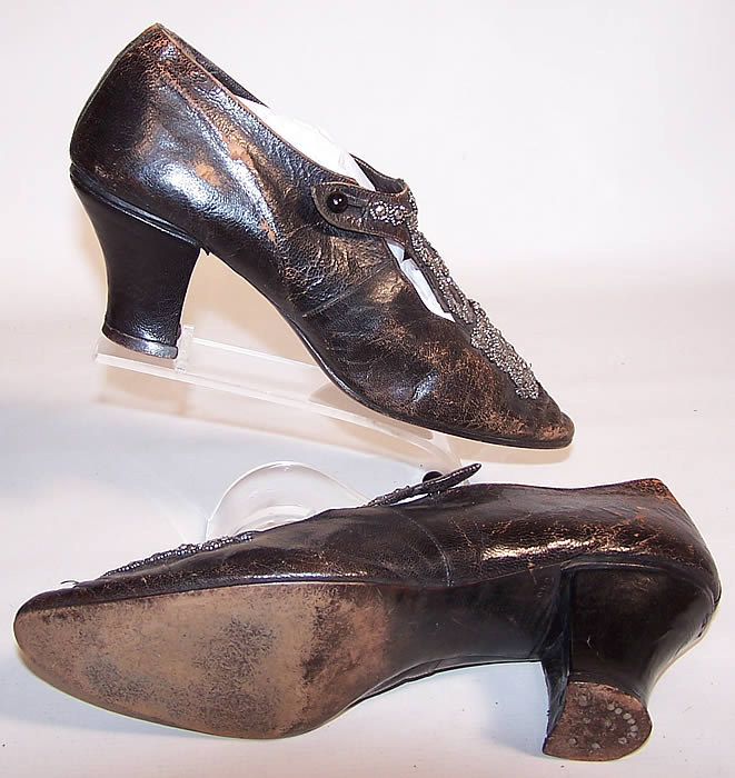 Victorian Black Leather Steel Cut Beaded Heart Shape Punch Work Shoes