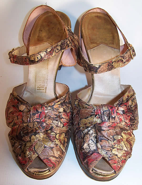 Vintage Gold Metallic Lam&eacute; Leather Platform Ankle Strap Shoes
