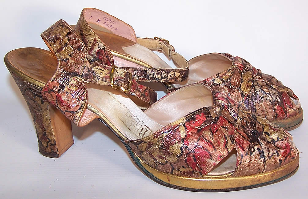 Vintage Gold Metallic Lam&eacute; Leather Platform Ankle Strap Shoes