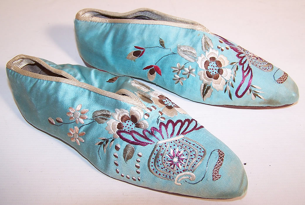 Victorian Turquoise Blue Silk Embroidered Chinese Slipper Shoes