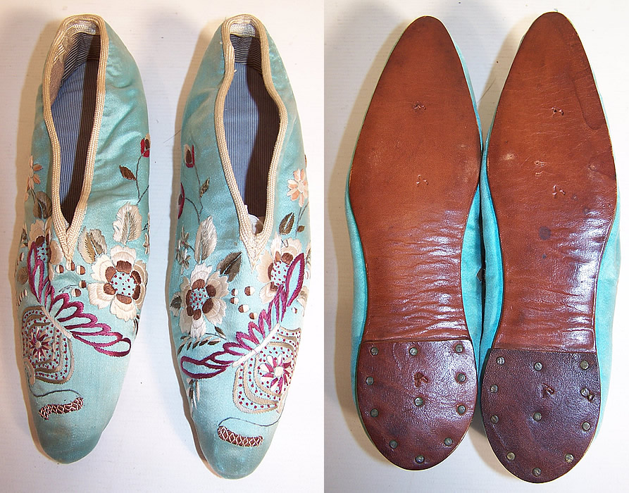 Victorian Turquoise Blue Silk Embroidered Chinese Slipper Shoes