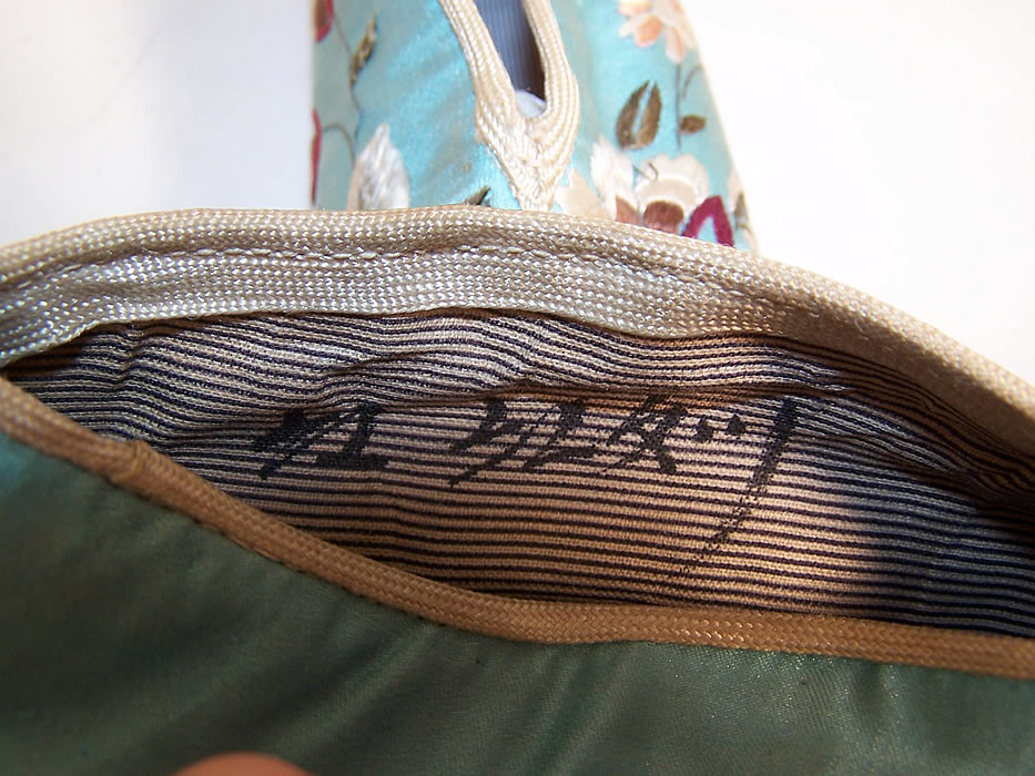 Victorian Turquoise Blue Silk Embroidered Chinese Slipper Shoes writing close up.