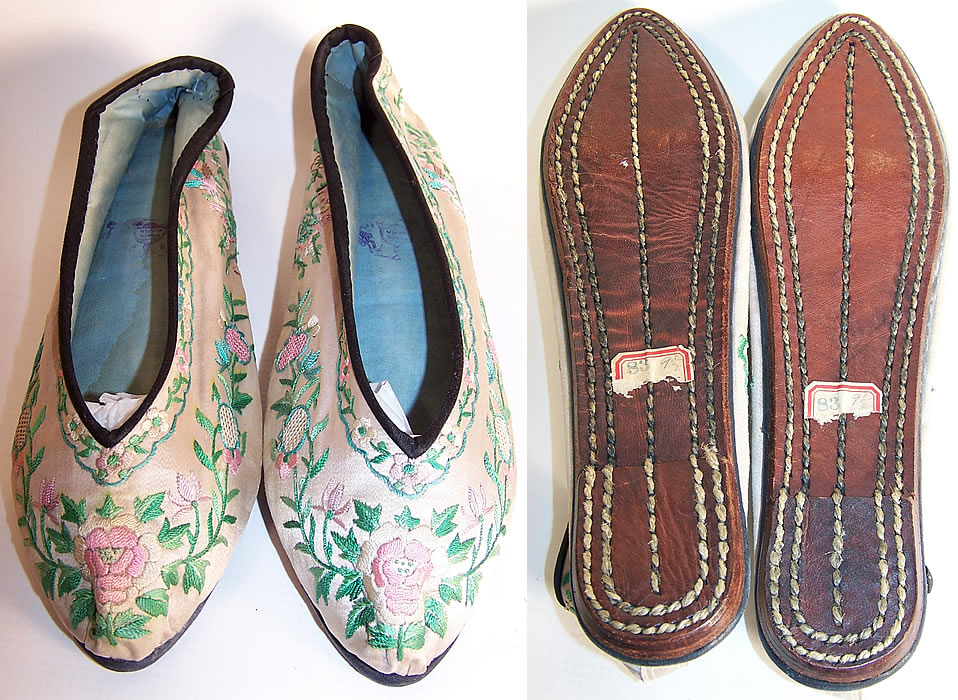 Chinese Pink Silk Embroidered Floral Butterfly Bird Slipper Shoes