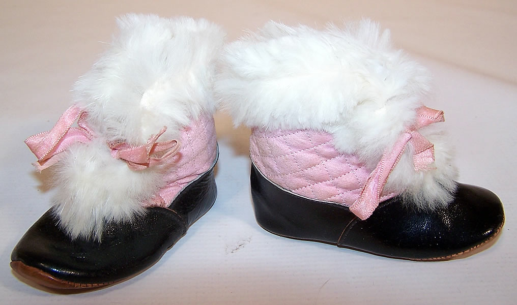 Edwardian Pink Quilted White Fur Trim Winter Baby Boots Snow Shoes