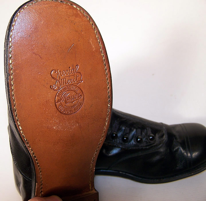 Unworn Victorian Special Merit Mauer Custom Made Black Leather High Button Boots close up