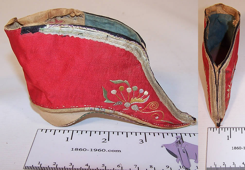 Antique Chinese Red Silk Embroidered Bound Foot Lotus Slipper Shoe