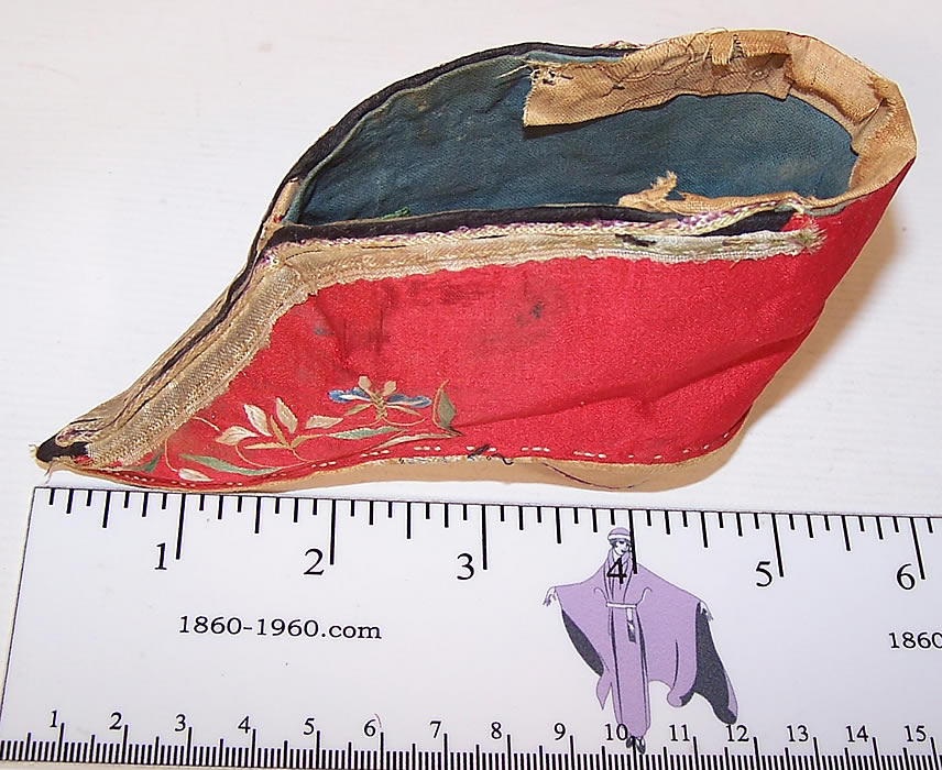 Antique Chinese Red Silk Embroidered Bound Foot Lotus Slipper Shoe