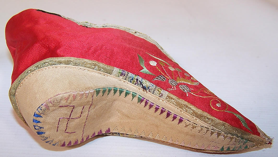 Antique Chinese Red Silk Embroidered Bound Foot Lotus Slipper Shoe