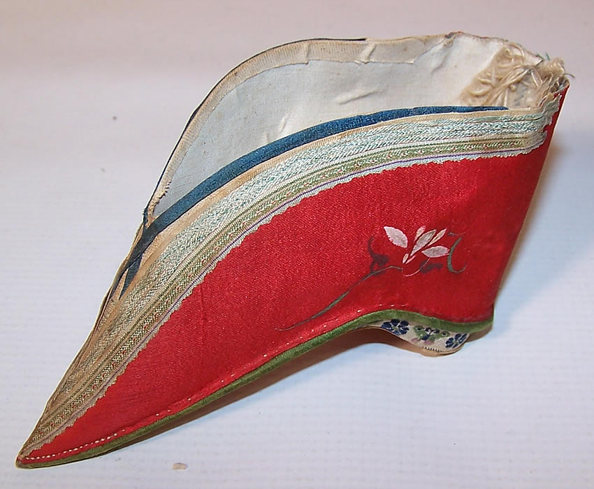 Antique Chinese Red Silk Hand Painted Lotus Bound Foot Slipper Shoe