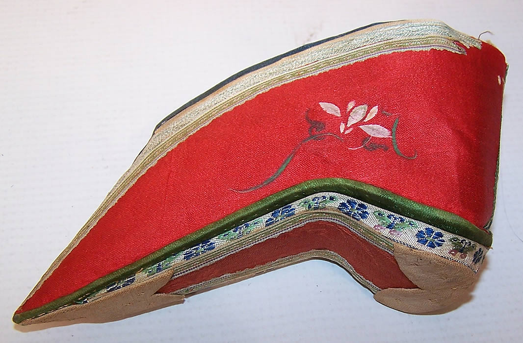 Antique Chinese Red Silk Hand Painted Lotus Bound Foot Slipper Shoe