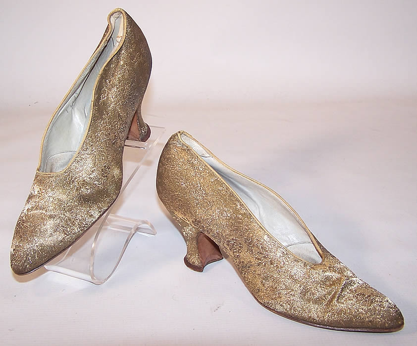 Vintage J&J Slater NY Art Deco Gold Lam&eacute; Brocade Flapper Slipper Shoes