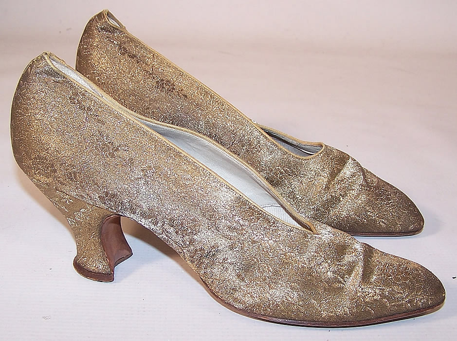 Vintage J&J Slater NY Art Deco Gold Lam&eacute; Brocade Flapper Slipper Shoes