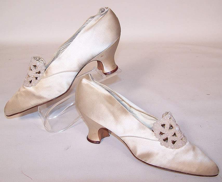 Edwardian Halle Brothers Co. White Silk Beaded Bridal Wedding Shoes