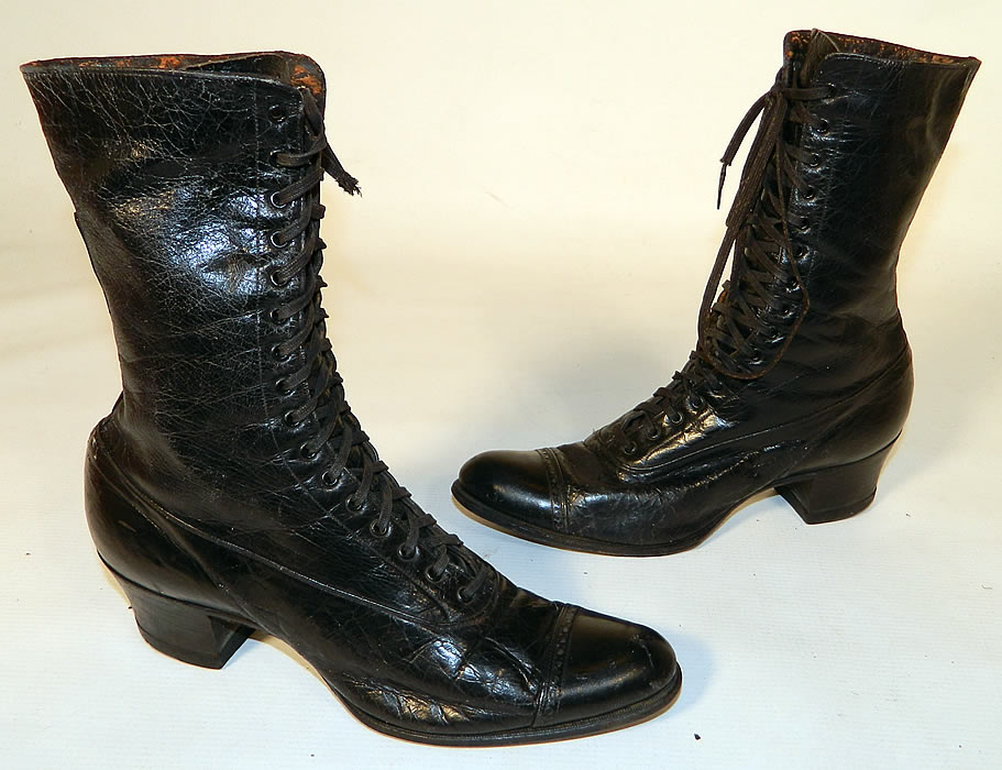 Victorian Slender Foot Shoes Black Leather High Top Lace-up Boots