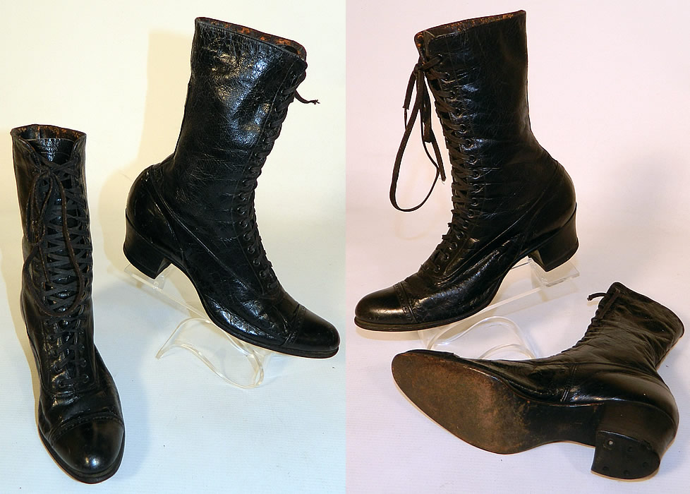 Victorian Slender Foot Shoes Black Leather High Top Lace-up Boots
