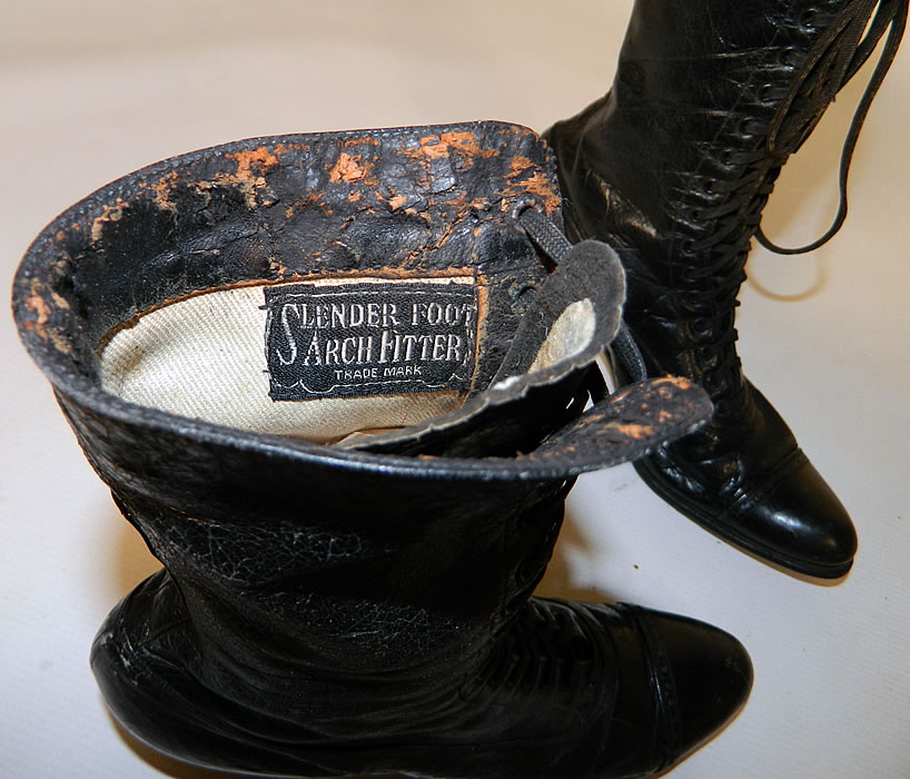 Victorian Slender Foot Shoes Black Leather High Top Lace-up Boots close up.