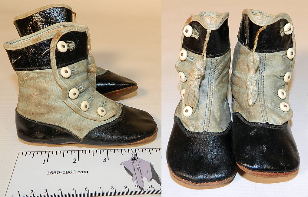 Victorian Antique Blue & Black Leather High Button Baby Boots Infant Shoes