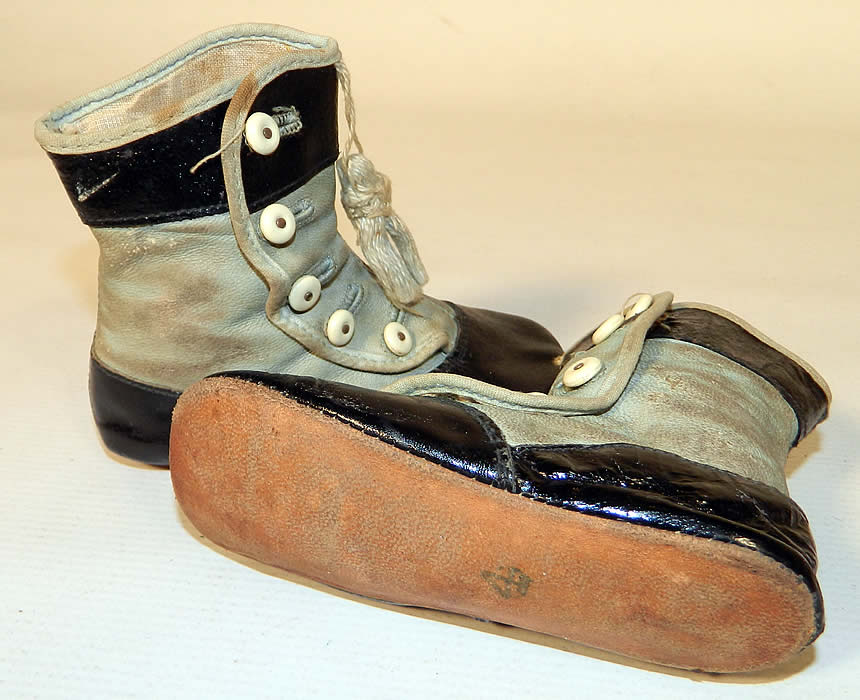 Victorian Antique Blue & Black Leather High Button Baby Boots Infant Shoes
