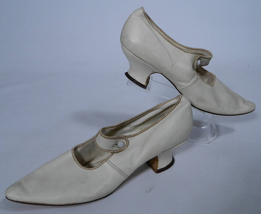 Edwardian White Kid Leather Button Strap Mary Jane Bridal Wedding Shoes