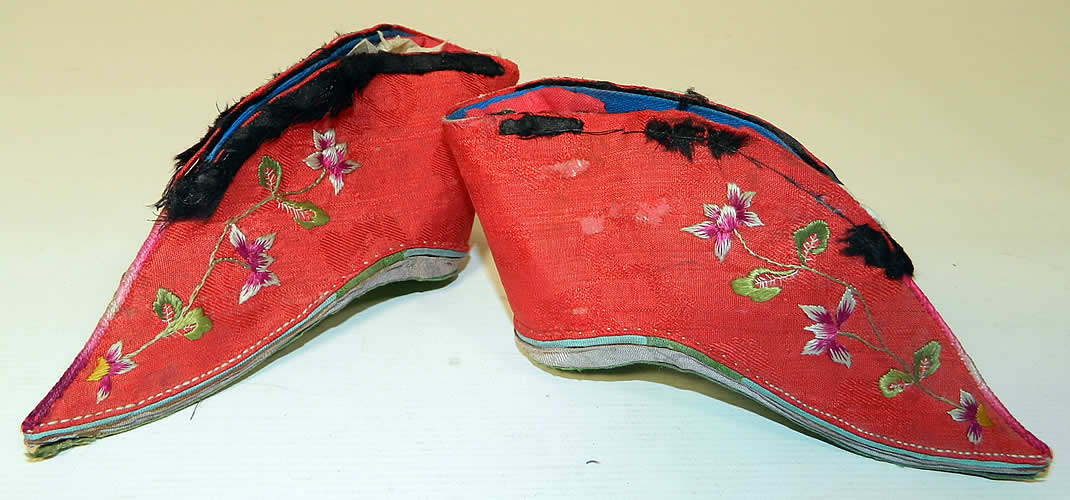 Antique Chinese Red Silk Embroidered Bound Foot Lotus Slipper Wedding Shoes