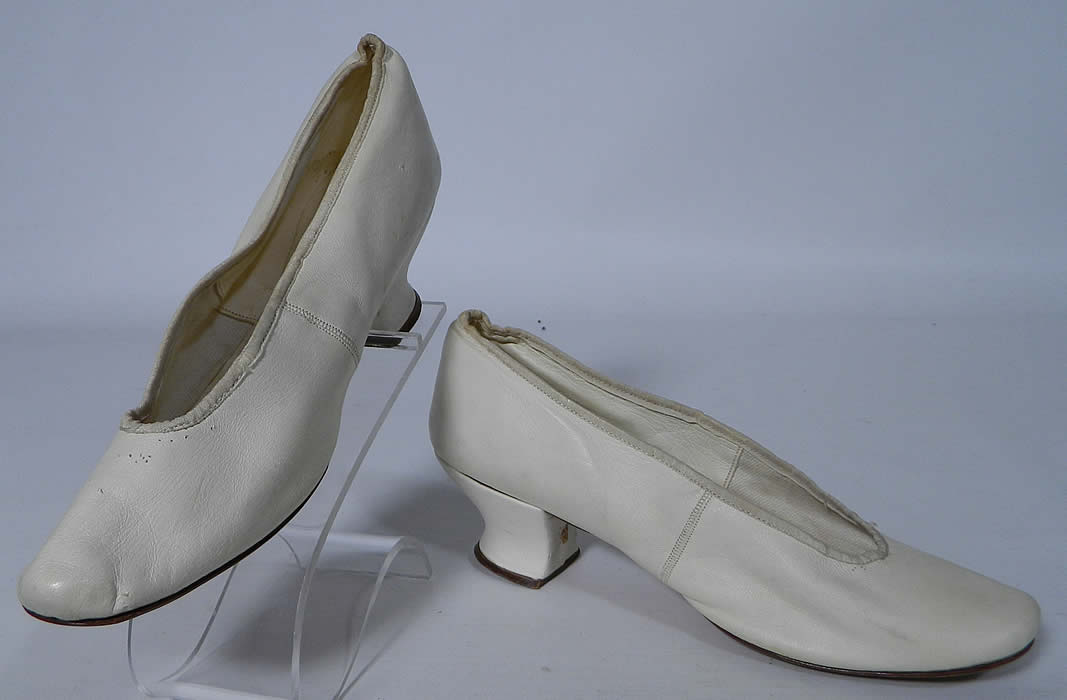 Victorian White Kid Leather Small Bridal Wedding Slippers Shoes