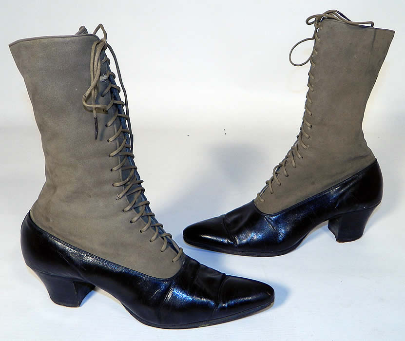 Victorian Gray Suede Black Leather Two Tone High Top Lace-up Boots
