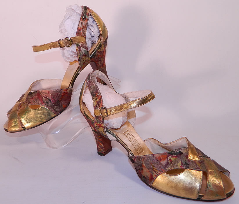 Vintage ZCMI Salt Lake City Art Deco Gold Leather Lam&eacute; Floral Shoes