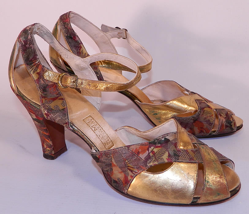 Vintage ZCMI Salt Lake City Art Deco Gold Leather Lam&eacute; Floral Shoes