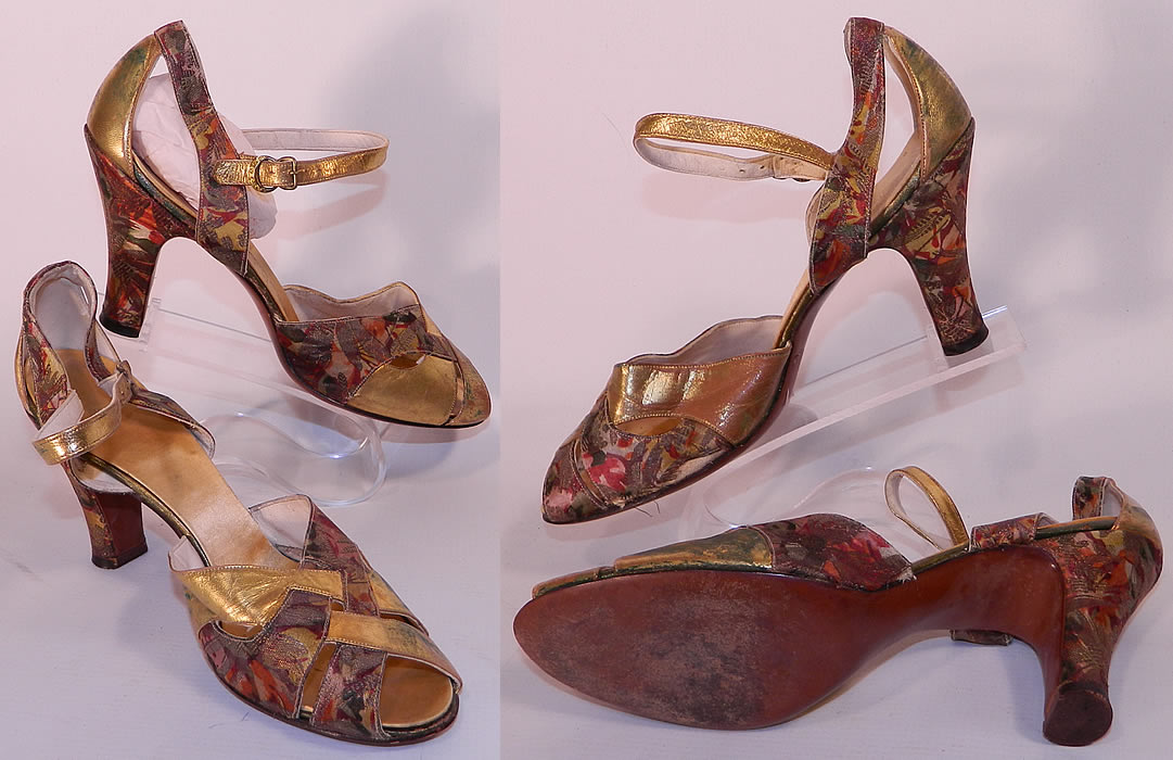 Vintage ZCMI Salt Lake City Art Deco Gold Leather Lam&eacute; Floral Shoes